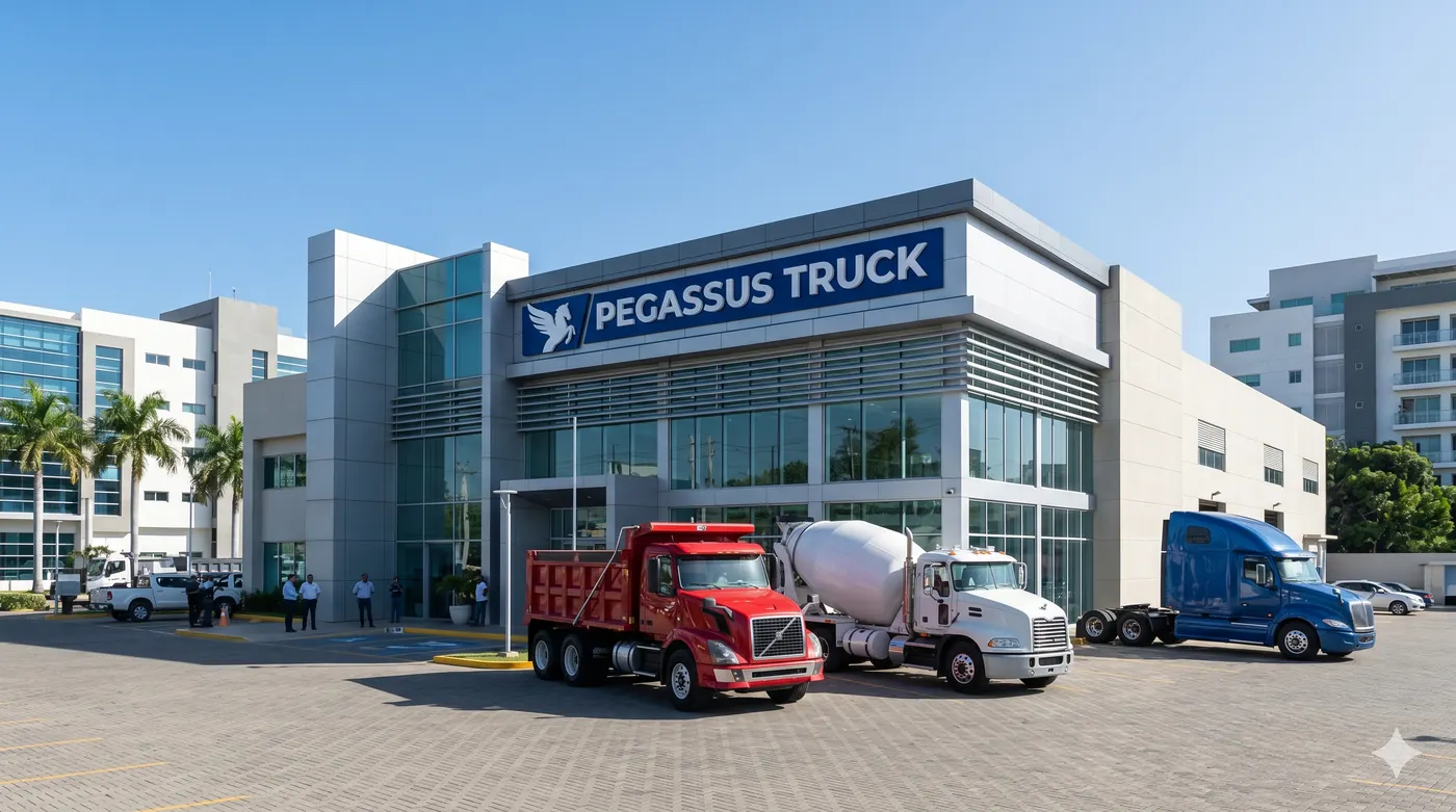 Concesionario principal de Pegassus Truck con un camión volteo rojo, un mezclador de concreto y un tractocamión azul