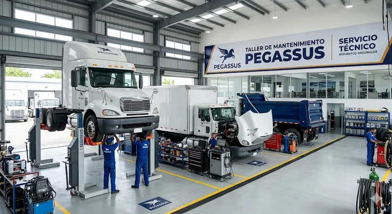 Taller de mantenimiento Pegassus con técnicos trabajando en tres camiones
